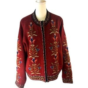 Icelandic Design Wool Zip Cardigan Women L Red and Embroidery Accents